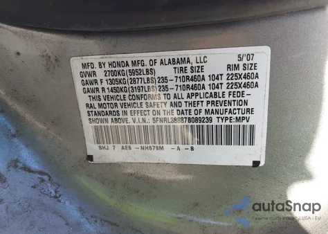 2007 Honda Odyssey Touring z USA, uszkodzony, nr VIN 5FNRL38887B089239